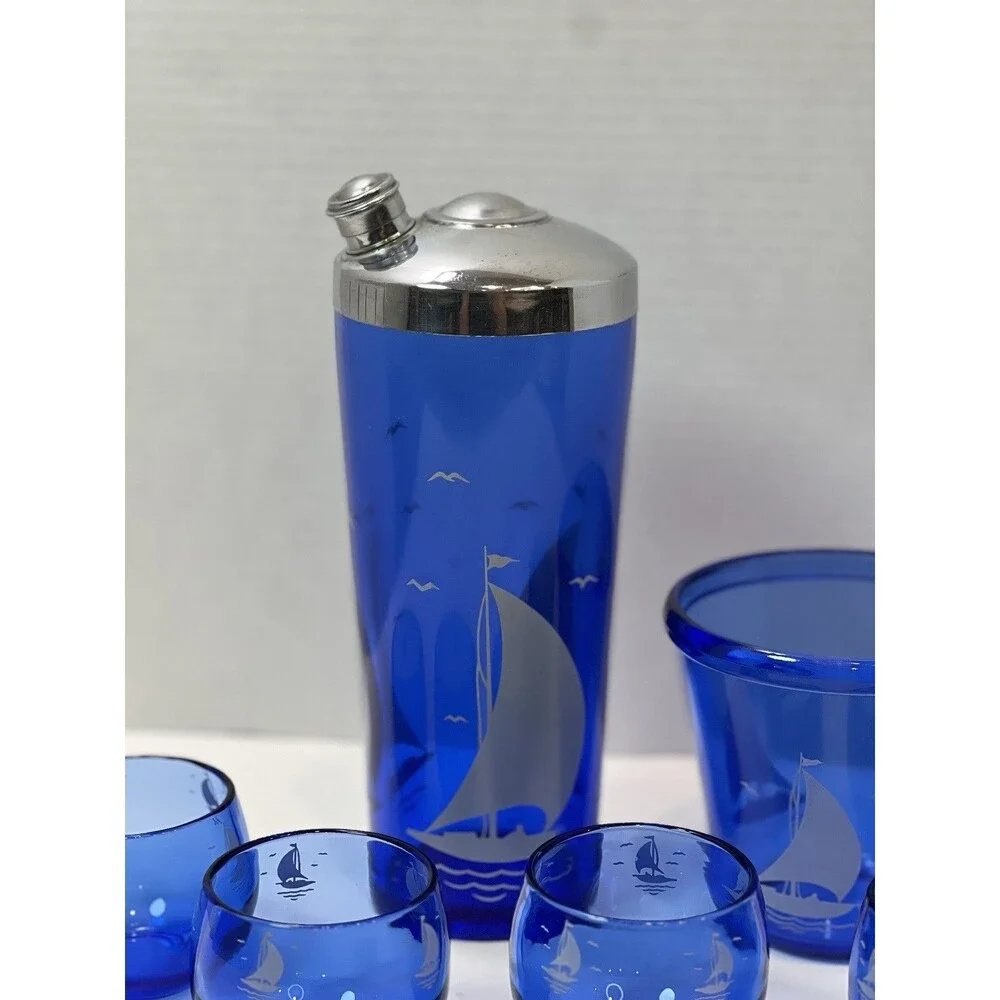 Vintage Hazel Atlas Cobalt Blue Cocktail Shaker glasses ice bucket Sailboat